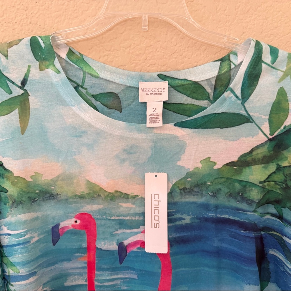 Chico's Pink Flamingo Tropical Long-Sleeve Tee - Picture 3 of 8